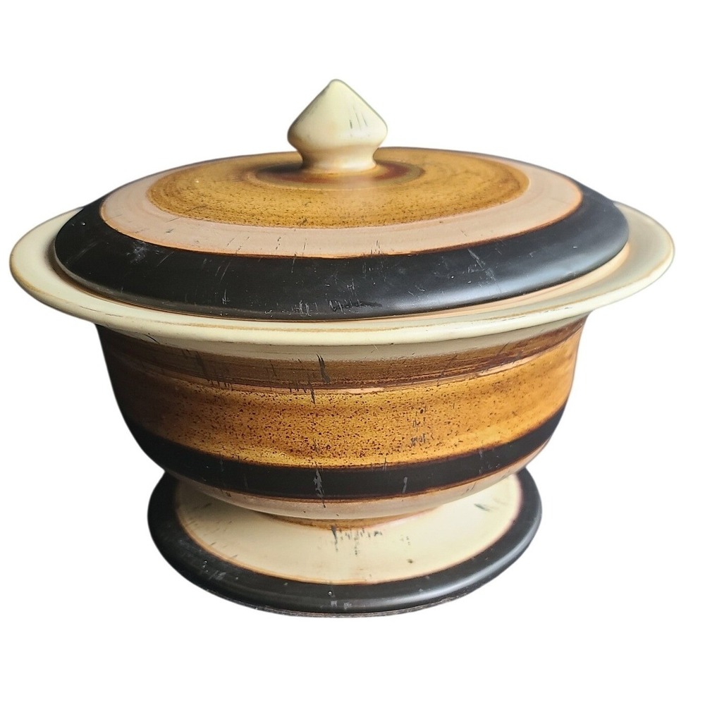 Vintage Studio Art Pottery Lidded Pedestal Bowl Earth Tone Striped‎ Ceramic Dish